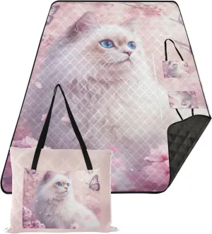 Cherry Blossom Ragdoll Cat Beach Blanket Sandproof Waterproof, Outdoor Blanket for Grass Foldable Mat Picnic Blanket, 118" x 80"