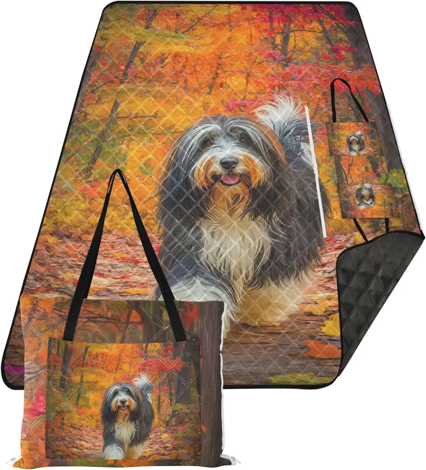 CHIFIGNO Bearded Collie Fall Leaves Park Beach Blanket Waterproof Sandproof Outdoor Camping Grass Mat Cute Picnic Blanket Foldable 80" x 60"