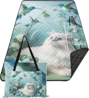 CHIFIGNO Blue Floral Cat Bird Beach Blanket Waterproof Sandproof Outdoor Play Mat for Grass Picnic Supplies Foldable Mat 80" x 60"