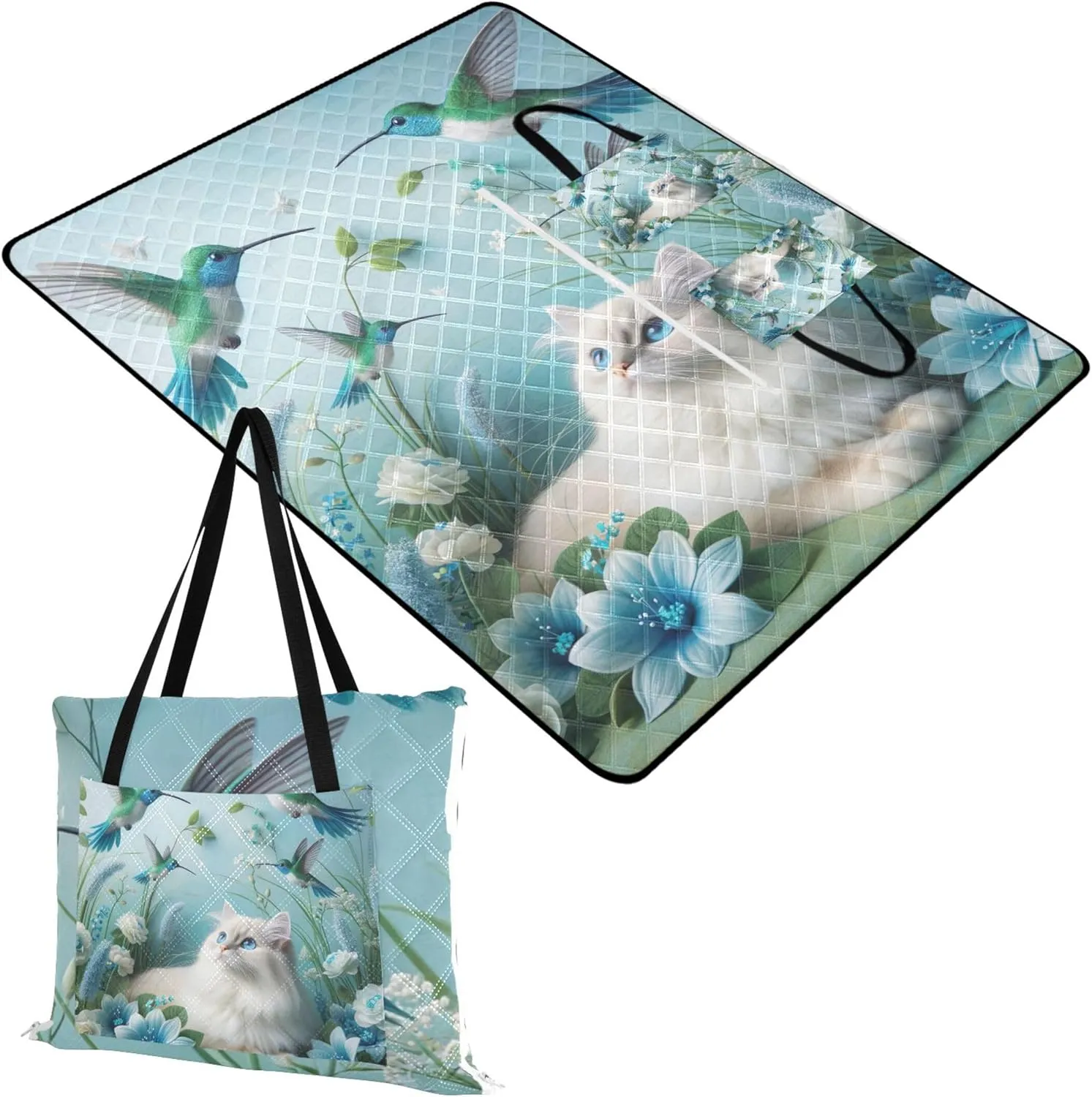 CHIFIGNO Blue Floral Cat Bird Beach Blanket Waterproof Sandproof Outdoor Play Mat for Grass Picnic Supplies Foldable Mat 80" x 60"