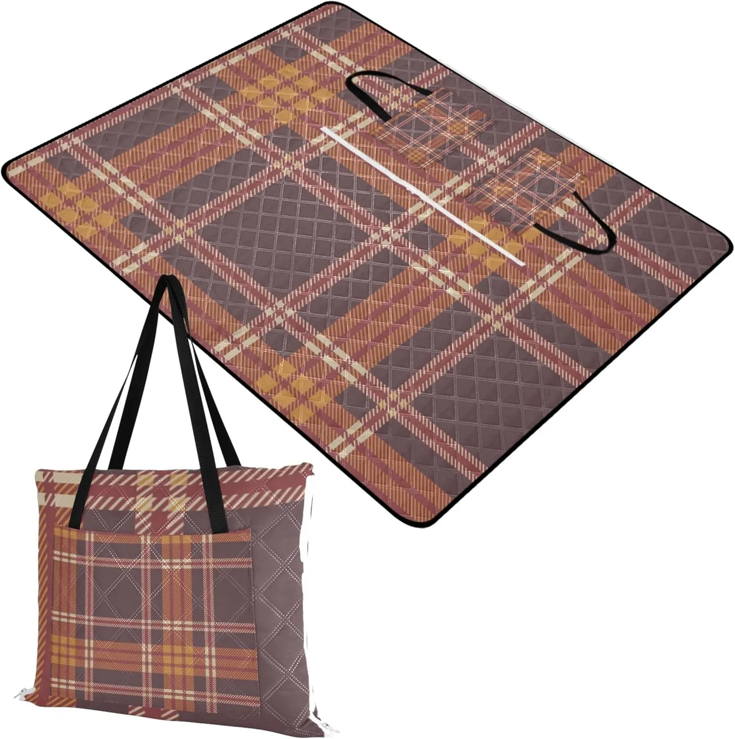 CHIFIGNO Brown Plaid Maroon Checkered Beach Blanket Sandproof Waterproof, Floral Grass Mats for Camping Picnic Supplies Foldable Mat, 80" x 60"