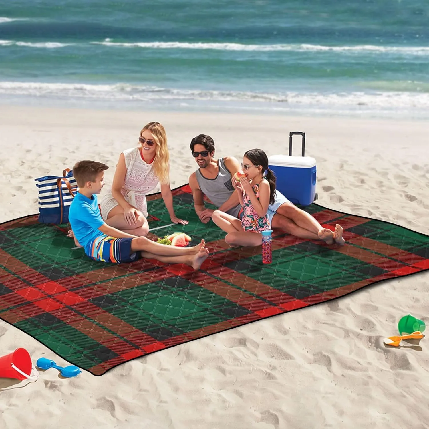 CHIFIGNO Christmas Tartan Plaid Oversized Beach Blanket Waterproof, Outdoor Playmat Camping Blanket Foldable Picnic Blanket Cute, 80" x 60"