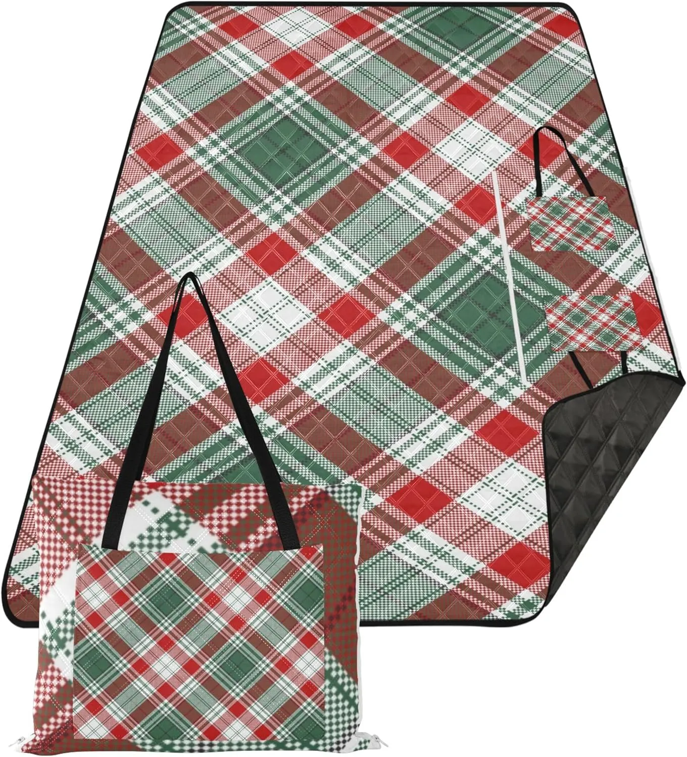 CHIFIGNO Christmas Tartan Red & Green Plaid Beach Mat Waterproof Sandproof, Floral Camping Blanket for Grass Foldable Picnic Blankets Large, 118" x 80"