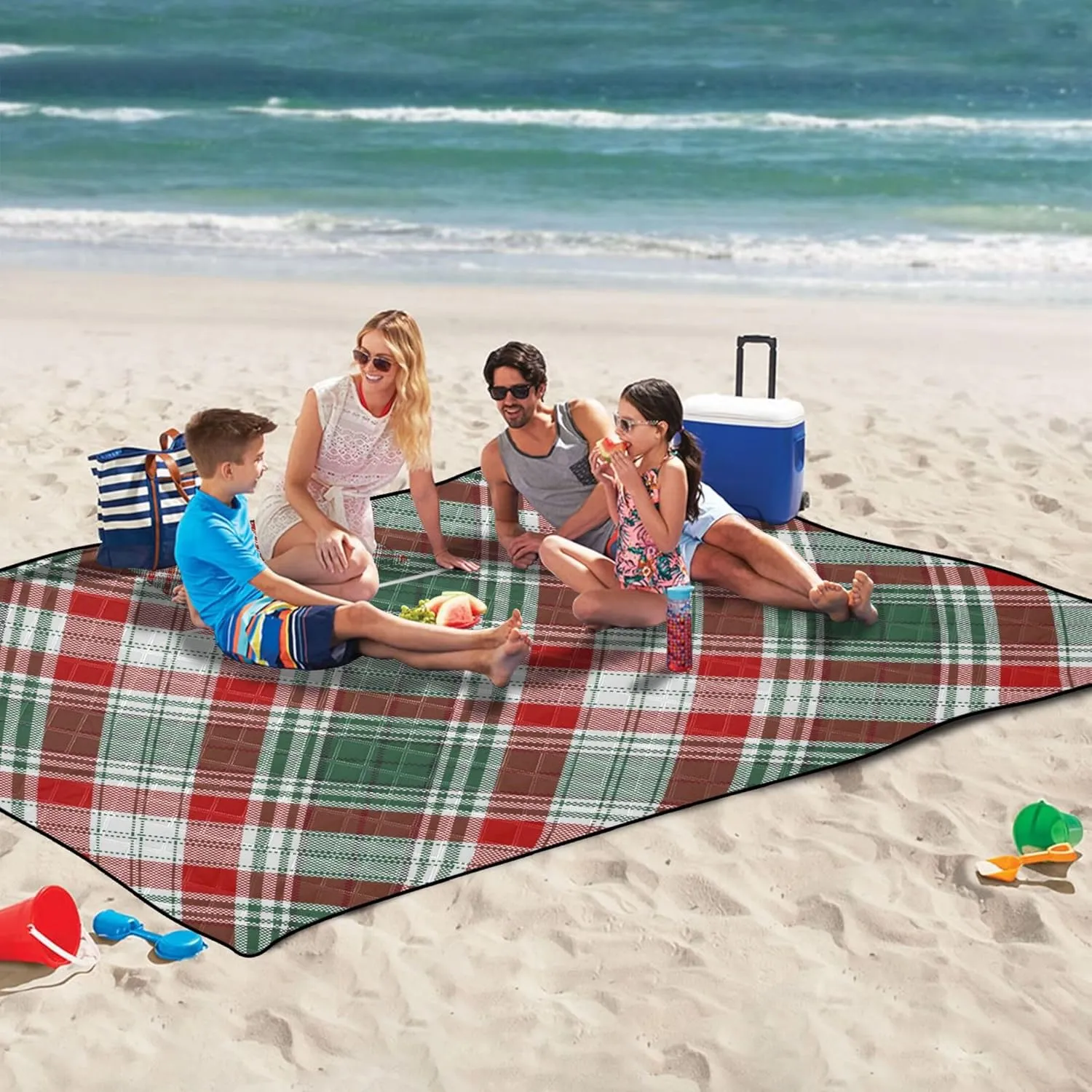 CHIFIGNO Christmas Tartan Red & Green Plaid Beach Mat Waterproof Sandproof, Floral Camping Blanket for Grass Foldable Picnic Blankets Large, 118" x 80"