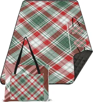 CHIFIGNO Christmas Tartan Red & Green Plaid Beach Mat Waterproof Sandproof, Floral Camping Blanket for Grass Foldable Picnic Blankets Large, 118" x 80"
