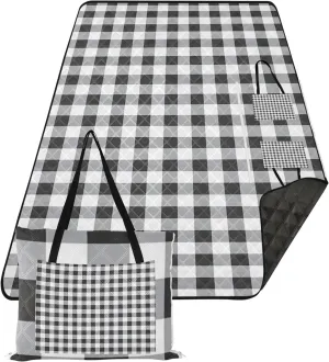 CHIFIGNO Classic Black Gingham Check Plaid Picnic Supplies Foldable Mat no Sand Beach Blanket Waterproof Outdoor Playmat Camping Blanket 80" x 60"