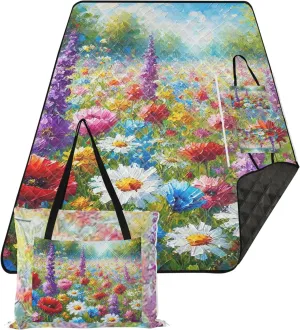 CHIFIGNO Colorful Summer Wildflower Field Beach Mat Sand Free Waterproof Cute Picnic Essentials Foldable Print Camping Blanket for Grass 80" x 60"