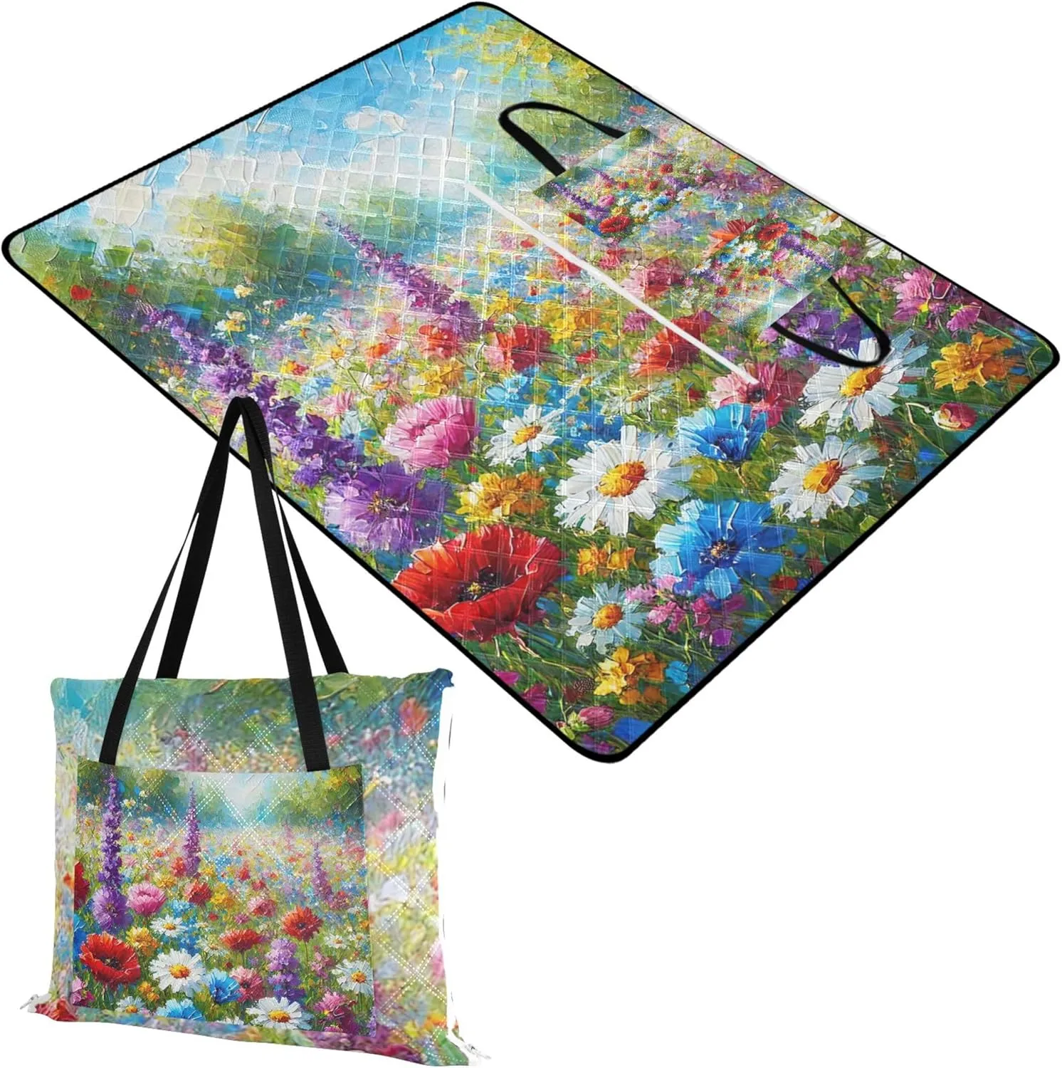 CHIFIGNO Colorful Summer Wildflower Field Beach Mat Sand Free Waterproof Cute Picnic Essentials Foldable Print Camping Blanket for Grass 80" x 60"