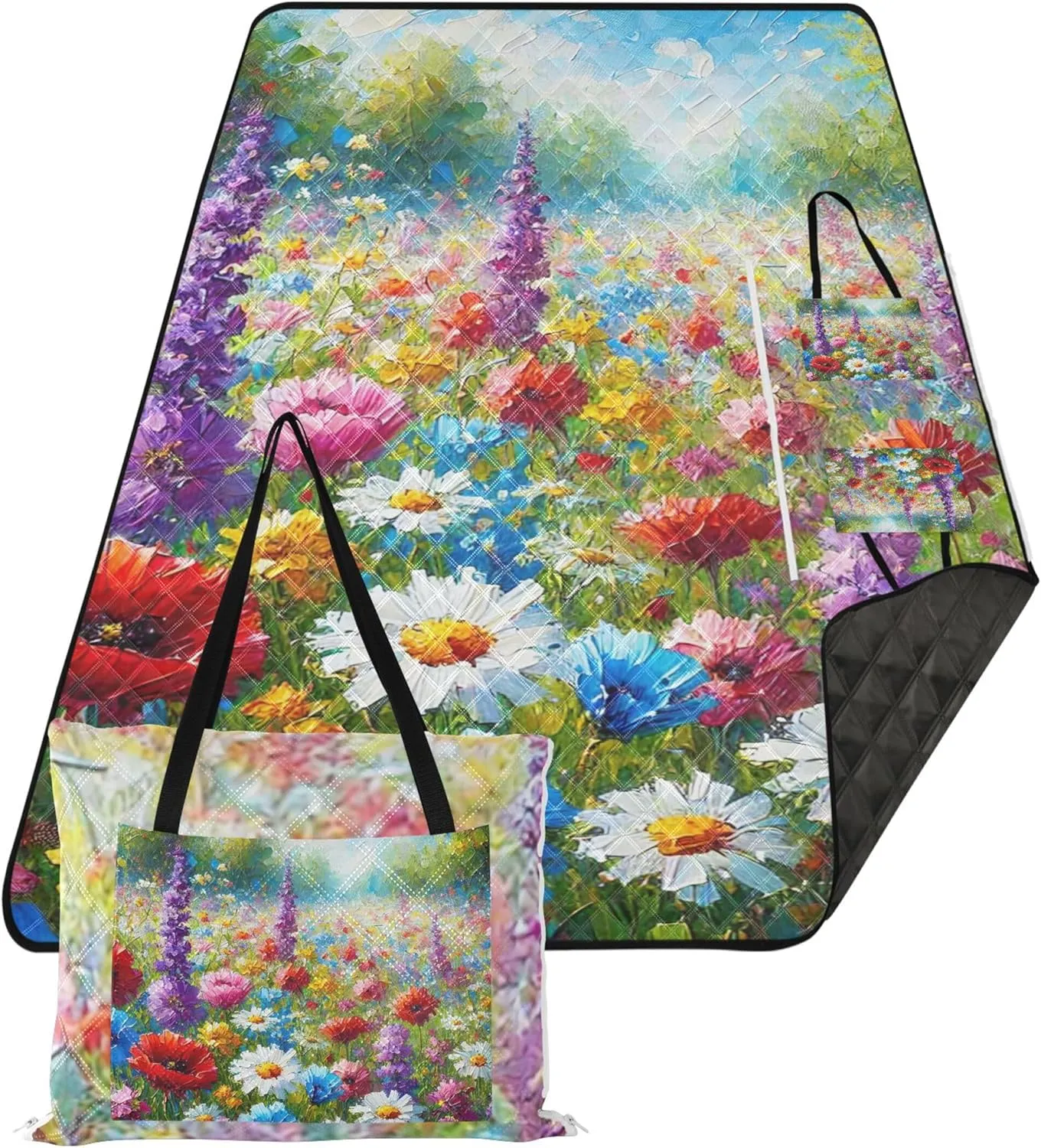 CHIFIGNO Colorful Summer Wildflower Field Beach Mat Sand Free Waterproof Cute Picnic Essentials Foldable Print Camping Blanket for Grass 80" x 60"