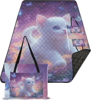 CHIFIGNO Cute Cat Purple Flower Beach Blanket Waterproof Sandproof Floral Grass Mats for Camping Foldable Picnic Blankets Large 80" x 60"