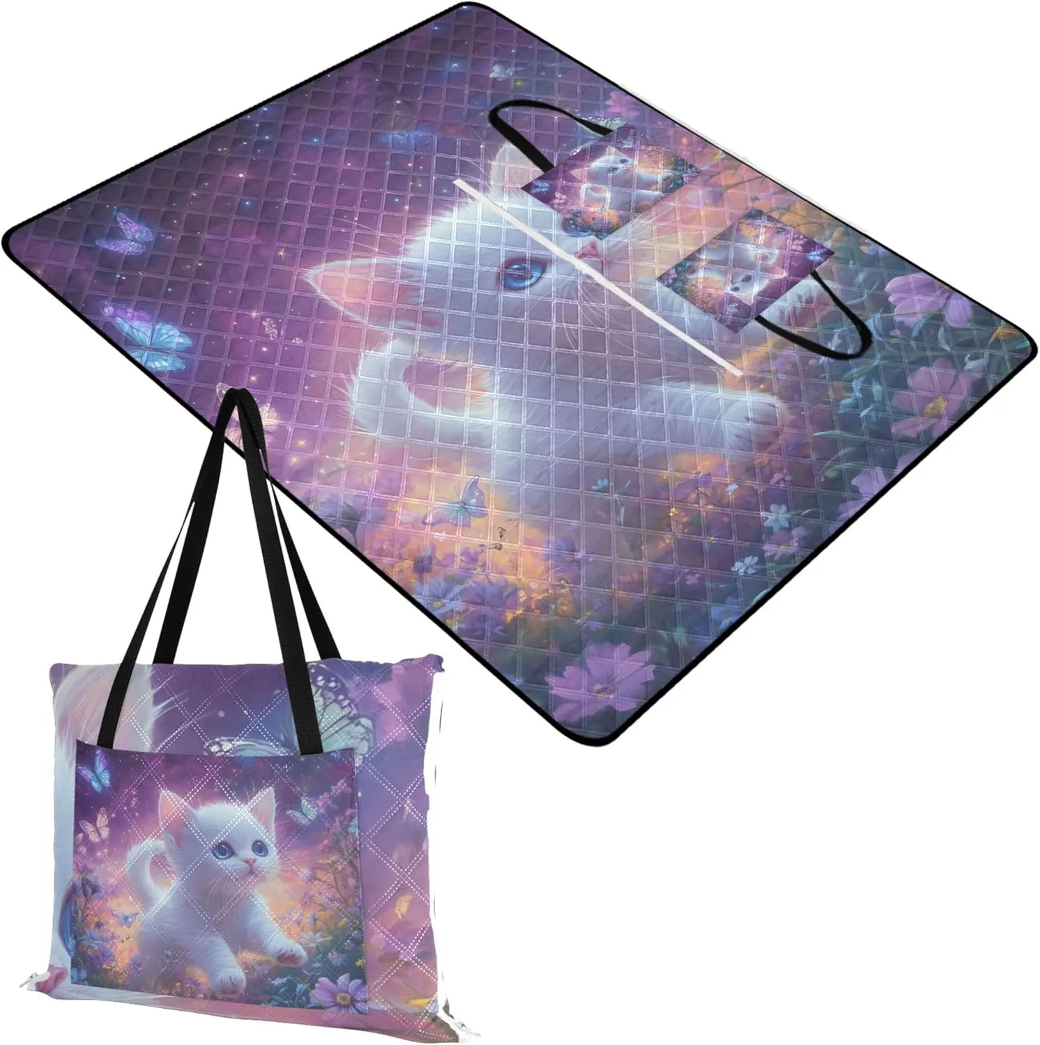 CHIFIGNO Cute Cat Purple Flower Beach Blanket Waterproof Sandproof Floral Grass Mats for Camping Foldable Picnic Blankets Large 80" x 60"