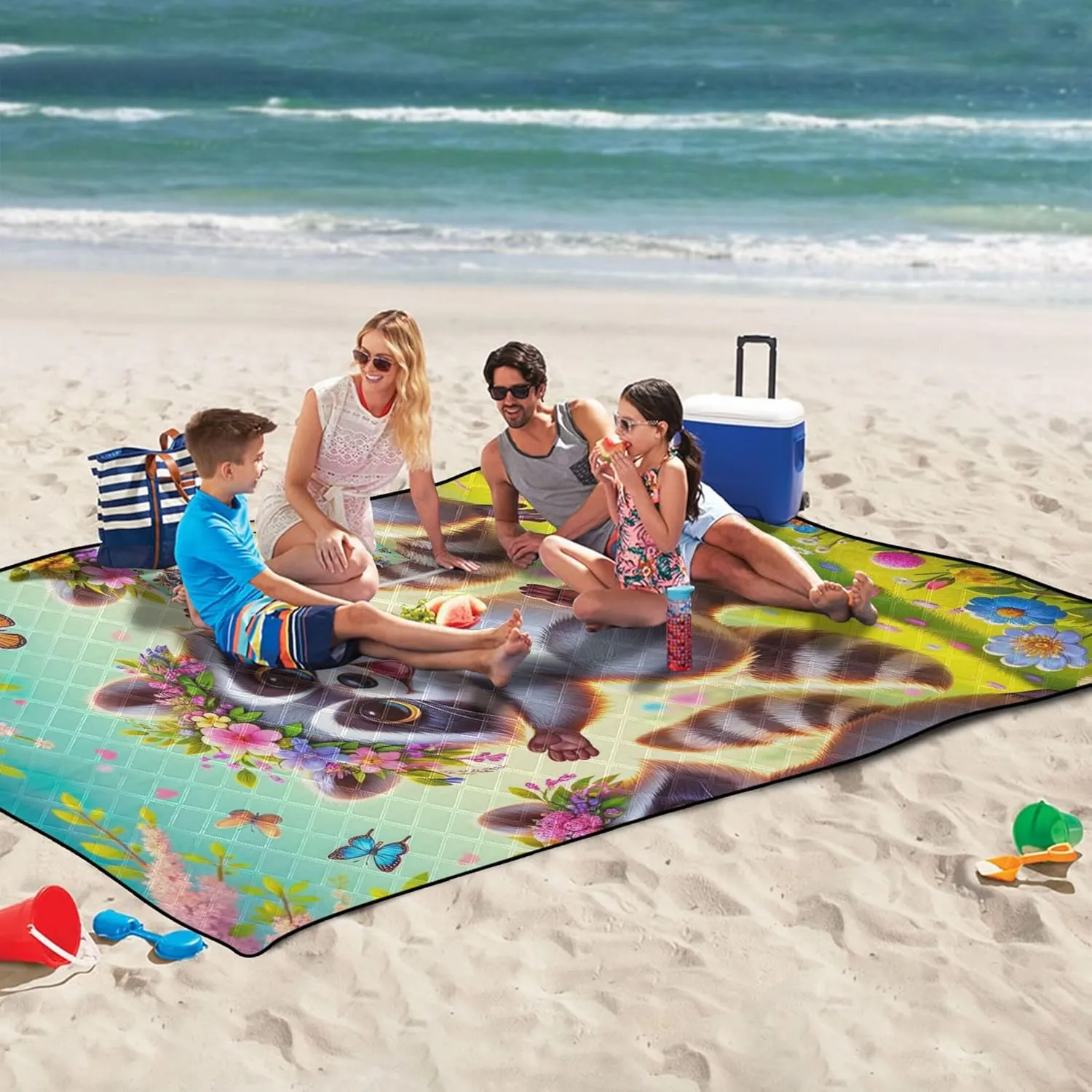 CHIFIGNO Cute Raccoons Spring Beach Mat Sand Free Waterproof Outdoor Blanket for Grass Foldable Picnic Blanket Cute 80" x 60"