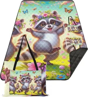 CHIFIGNO Cute Raccoons Spring Beach Mat Sand Free Waterproof Outdoor Blanket for Grass Foldable Picnic Blanket Cute 80" x 60"