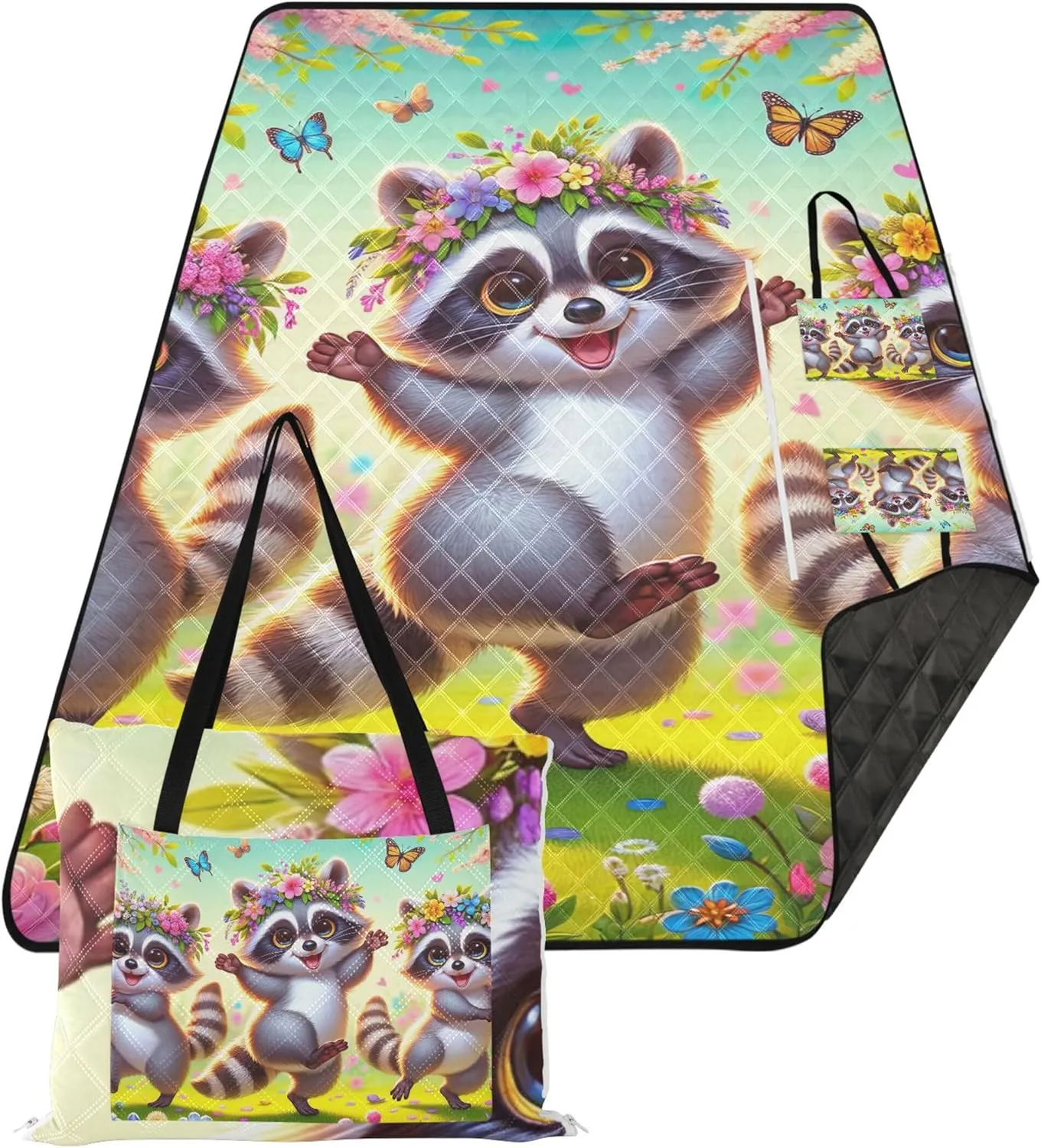 CHIFIGNO Cute Raccoons Spring Beach Mat Sand Free Waterproof Outdoor Blanket for Grass Foldable Picnic Blanket Cute 80" x 60"