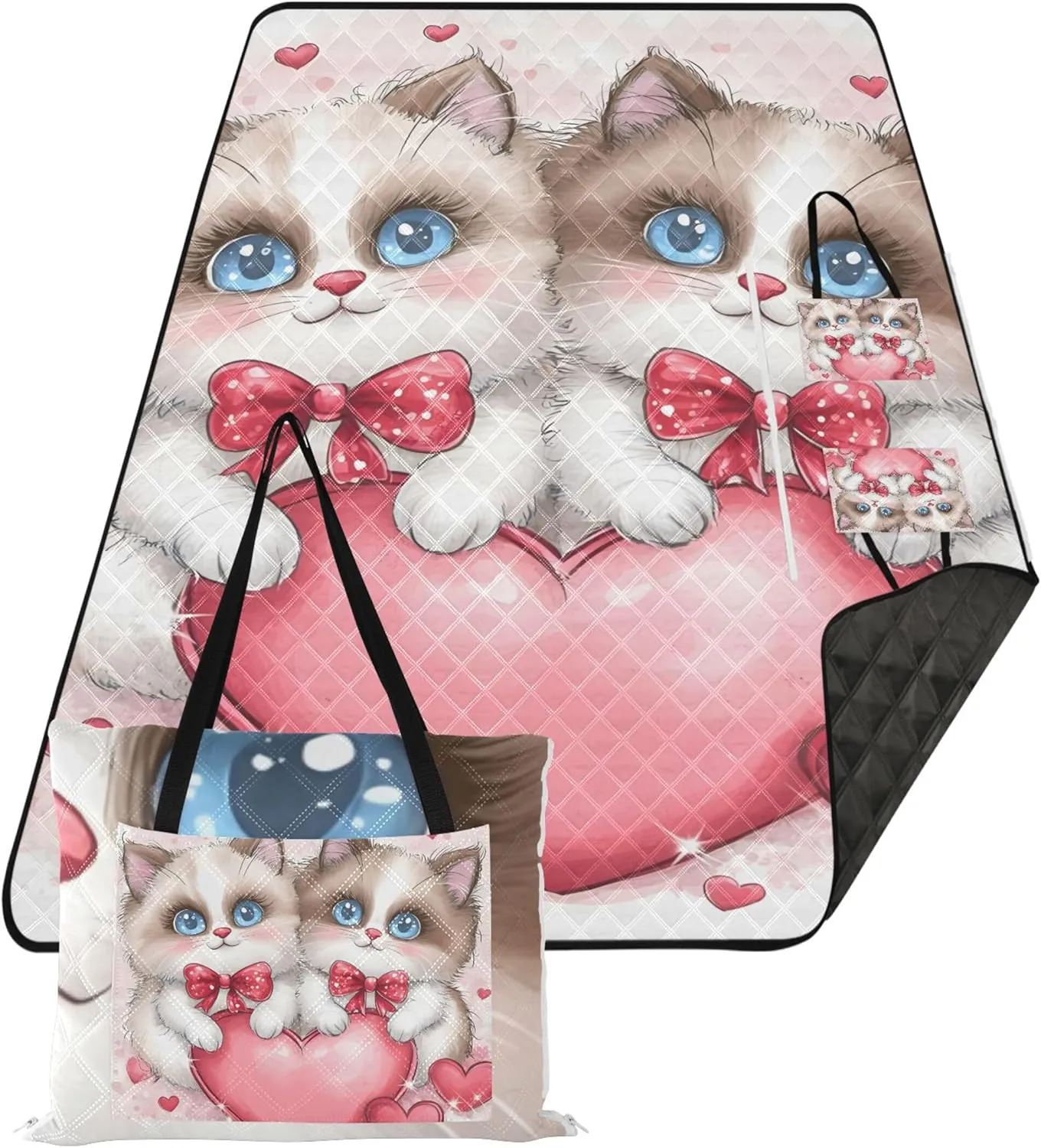 CHIFIGNO Cute Siamese Cats Love Hearts Sand Blankets for Beach Sandproof Packable Camping Blanket Cute Picnic Essentials Foldable 80" x 60"