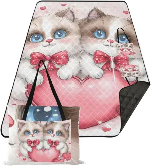 CHIFIGNO Cute Siamese Cats Love Hearts Sand Blankets for Beach Sandproof Packable Camping Blanket Cute Picnic Essentials Foldable 80" x 60"