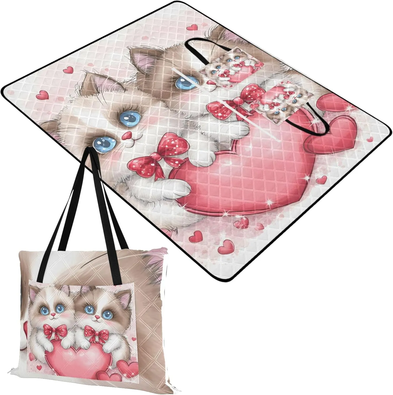 CHIFIGNO Cute Siamese Cats Love Hearts Sand Blankets for Beach Sandproof Packable Camping Blanket Cute Picnic Essentials Foldable 80" x 60"