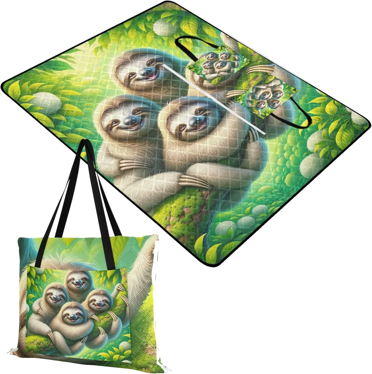 CHIFIGNO Cute Sloth Green Forest Sand Blankets for Beach Sandproof Packable Camping Blanket Foldable Picnic Blanket Cute 80" x 60"