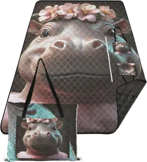CHIFIGNO Elegant Hippo Flower Crown Ballet Beach Mat Sand Free Waterproof Print Camping Blankets for Grass Extra Large Foldable Mat Picnic Blanket 118" x 80"
