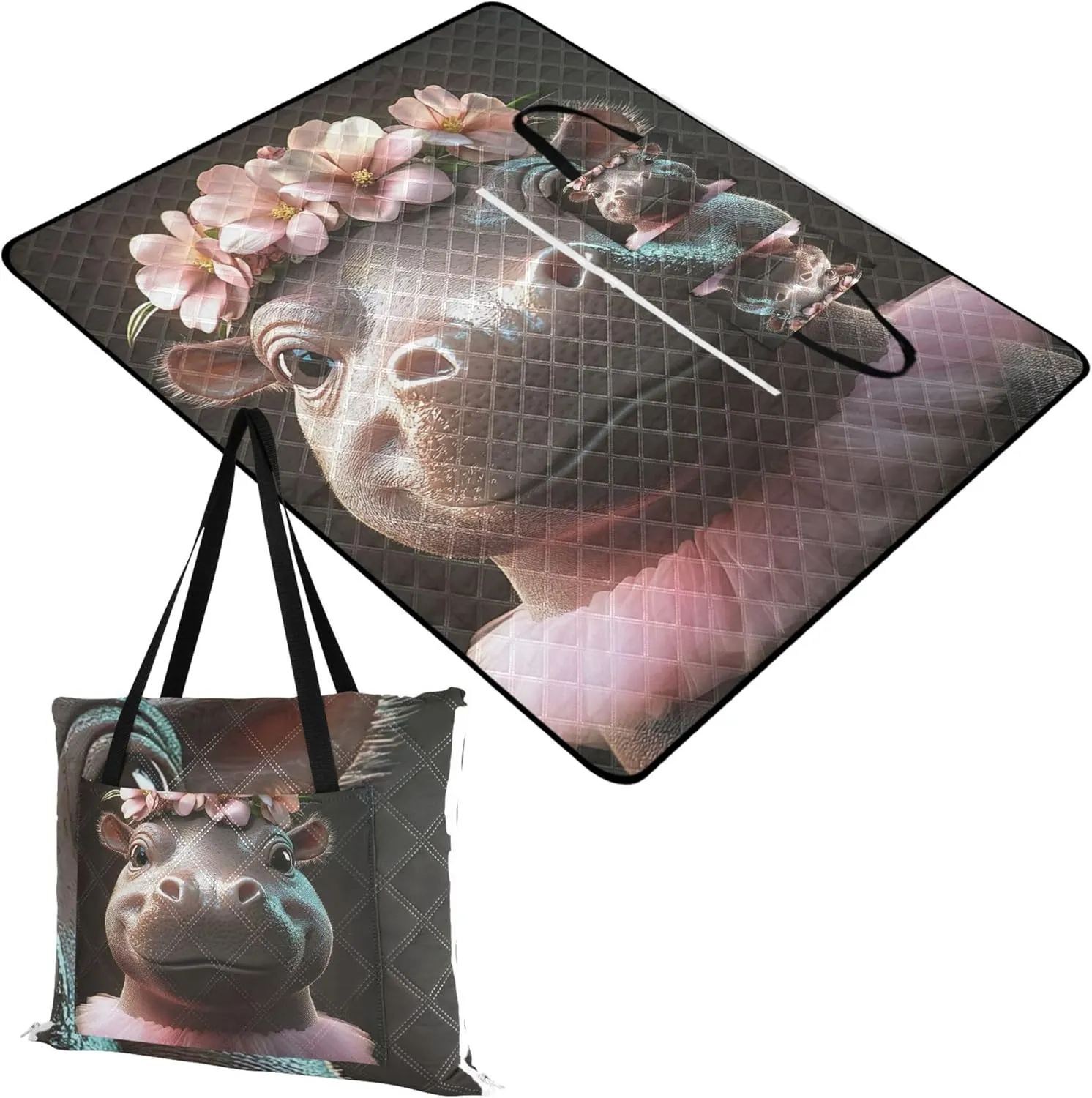 CHIFIGNO Elegant Hippo Flower Crown Ballet Beach Mat Sand Free Waterproof Print Camping Blankets for Grass Extra Large Foldable Mat Picnic Blanket 118" x 80"