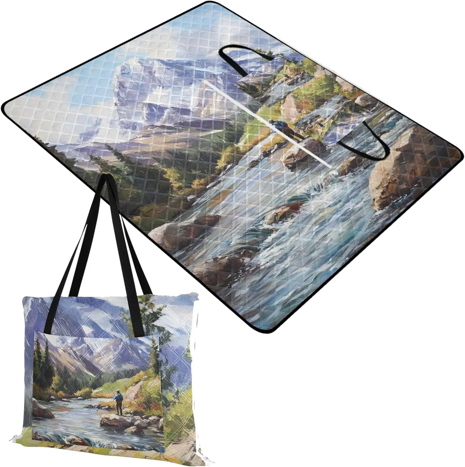 CHIFIGNO Fisherman Mountain Stream Painting Waterproof Beach Blanket Sandproof, Floral Tent Rugs for Camping Mat Outdoor Mat Picnic Blanket Cute, 80" x 60"