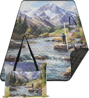 CHIFIGNO Fisherman Mountain Stream Painting Waterproof Beach Blanket Sandproof, Floral Tent Rugs for Camping Mat Outdoor Mat Picnic Blanket Cute, 80" x 60"