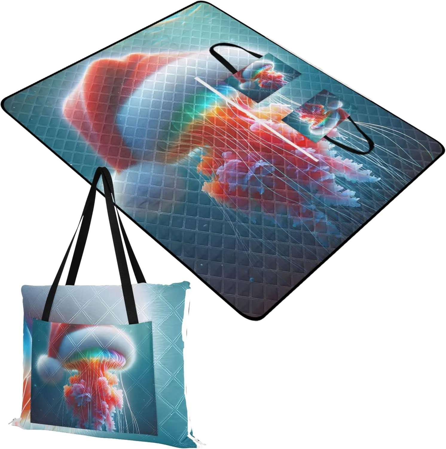 CHIFIGNO Funny Christmas Jellyfish Santa Beach Mat Sand Free Waterproof, Print Camping Blankets for Grass Picnic Accessories Foldable, 118" x 80"