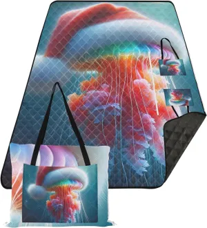 CHIFIGNO Funny Christmas Jellyfish Santa Beach Mat Sand Free Waterproof, Print Camping Blankets for Grass Picnic Accessories Foldable, 118" x 80"