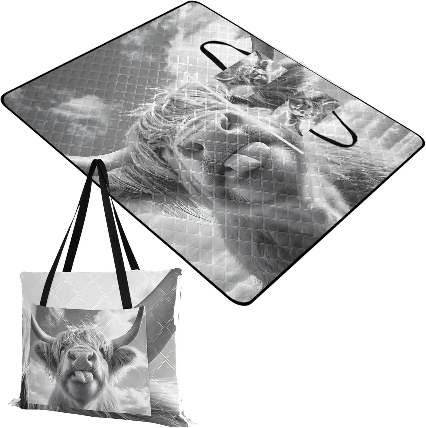 CHIFIGNO Funny Highland Cow Black Picnic Accessories Foldable Beach Blanket Waterproof Sandproof Floral Tent Rugs for Camping Mat 80" x 60"