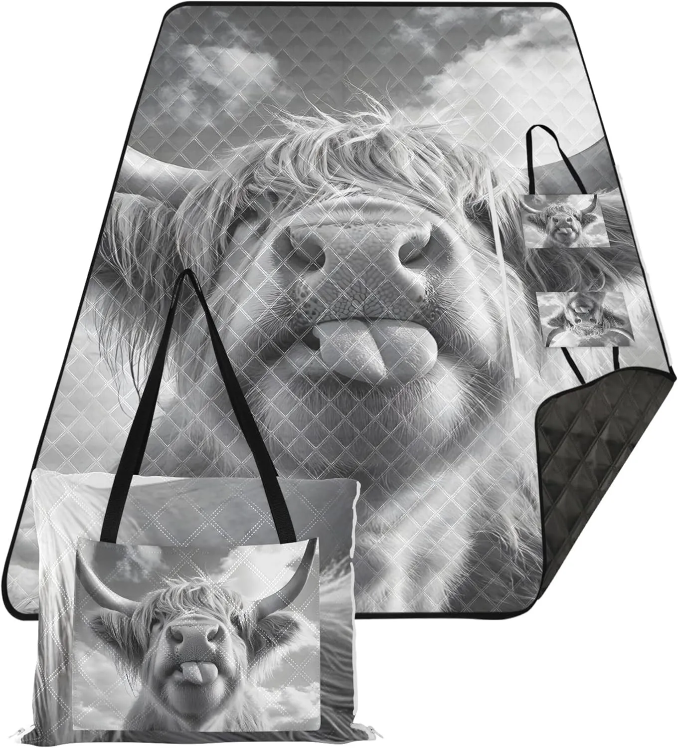 CHIFIGNO Funny Highland Cow Black Picnic Accessories Foldable Beach Blanket Waterproof Sandproof Floral Tent Rugs for Camping Mat 80" x 60"
