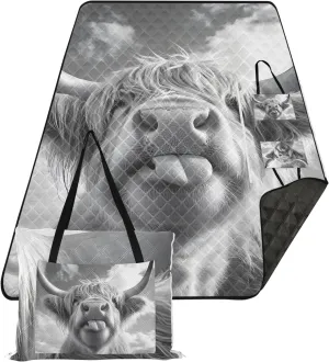 CHIFIGNO Funny Highland Cow Black Picnic Accessories Foldable Beach Blanket Waterproof Sandproof Floral Tent Rugs for Camping Mat 80" x 60"