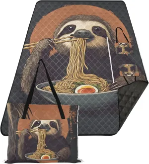 CHIFIGNO Funny Sloth Eating Ramen Black Cute Picnic Essentials Foldable Waterproof Beach Blanket Sandproof Outdoor Blanket Camping Mat 80" x 60"