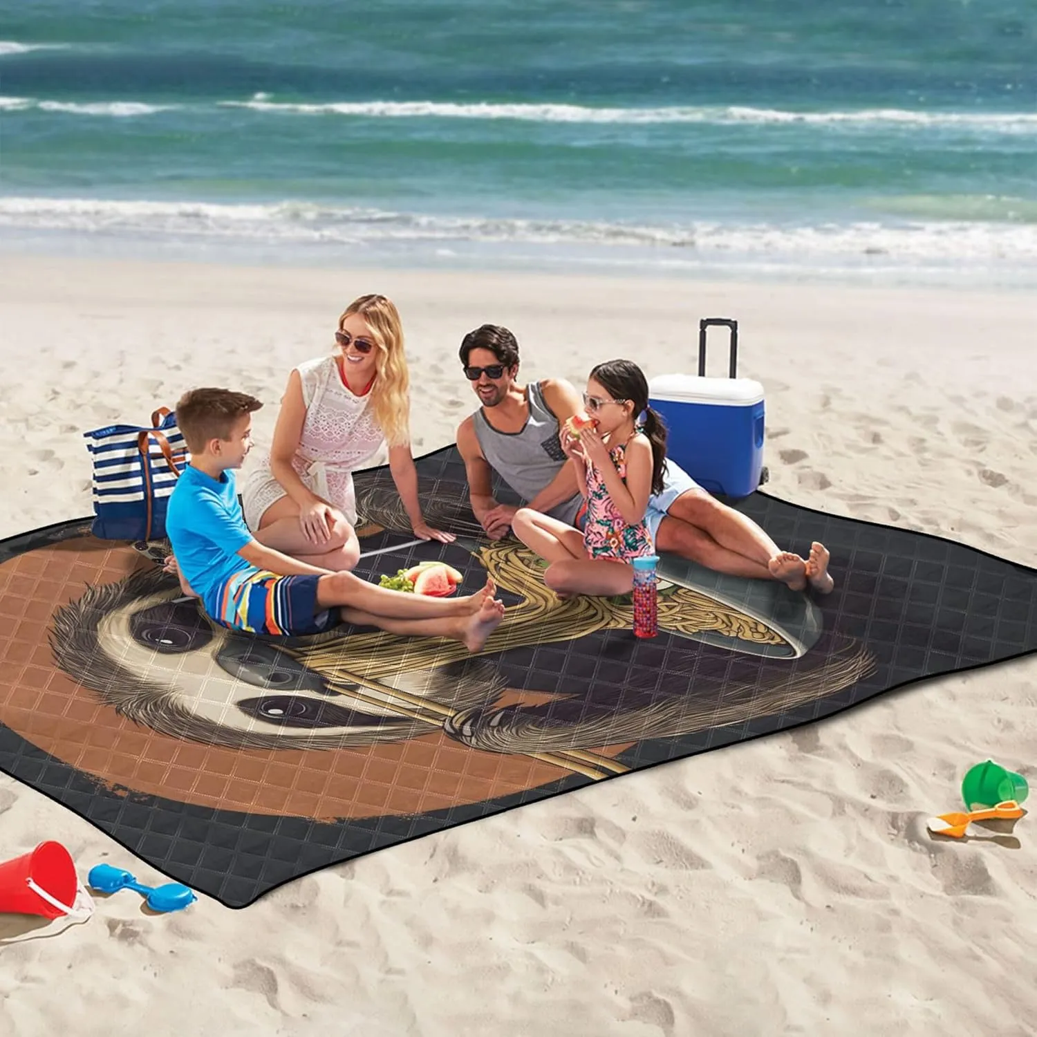 CHIFIGNO Funny Sloth Eating Ramen Black Cute Picnic Essentials Foldable Waterproof Beach Blanket Sandproof Outdoor Blanket Camping Mat 80" x 60"