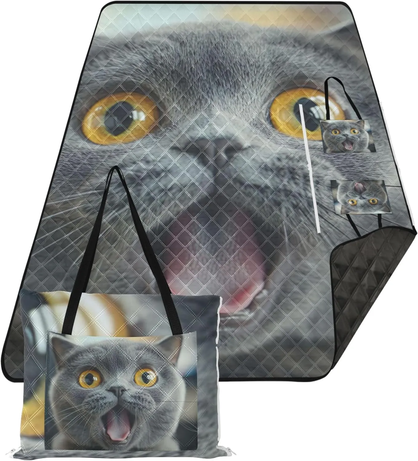 CHIFIGNO Funny Surprised Gray Cat Beach Mat Waterproof Sandproof Cute Picnic Essentials Foldable Print Kids Camping Mat for Grass 118" x 80"
