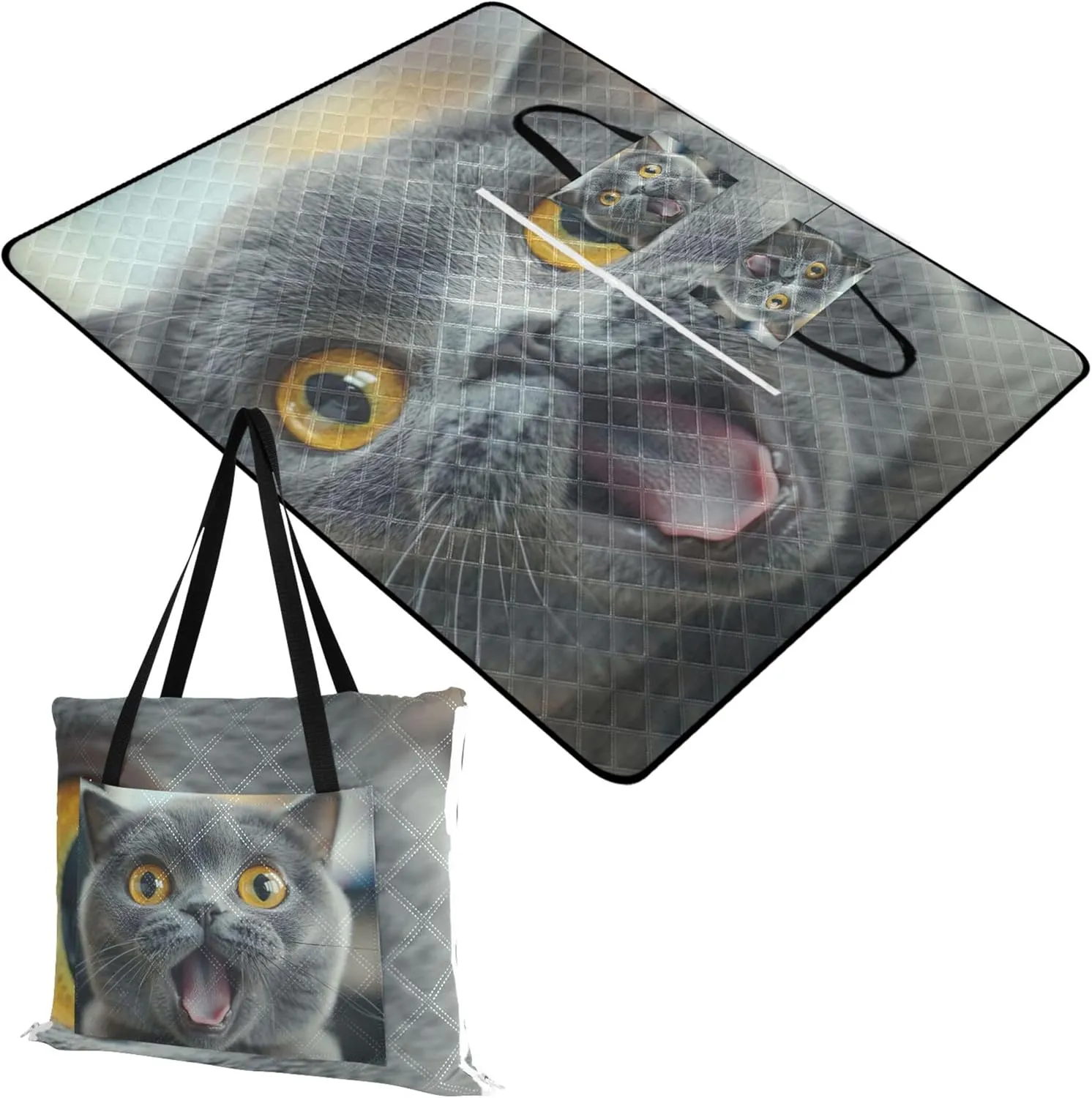CHIFIGNO Funny Surprised Gray Cat Beach Mat Waterproof Sandproof Cute Picnic Essentials Foldable Print Kids Camping Mat for Grass 118" x 80"