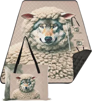 CHIFIGNO Funny Wolf Sheep Disguise Sand Proof Beach Blanket Waterproof Outdoor Blankets for Grass Foldable Mat Picnic Blanket 80" x 60"
