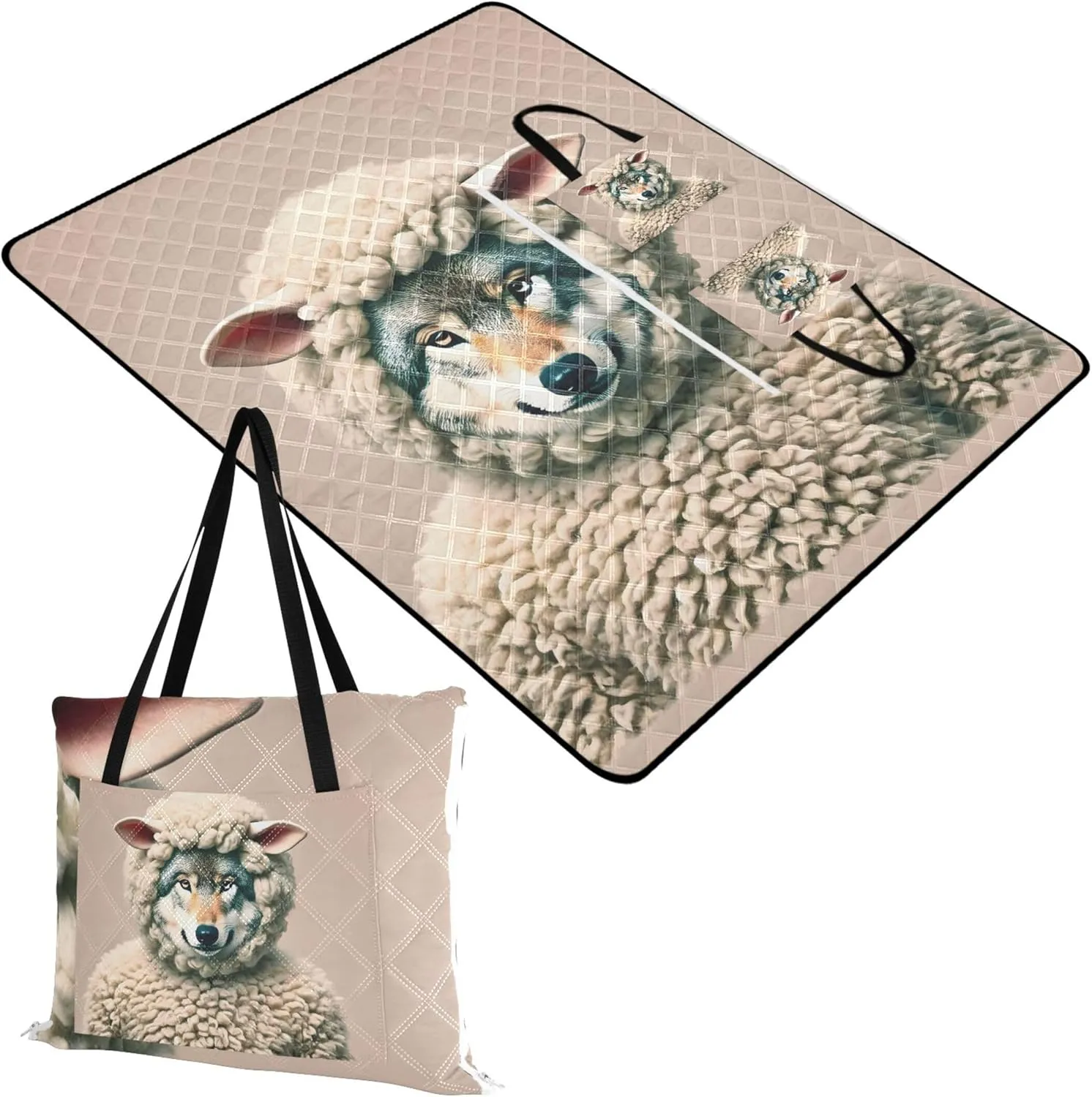 CHIFIGNO Funny Wolf Sheep Disguise Sand Proof Beach Blanket Waterproof Outdoor Blankets for Grass Foldable Mat Picnic Blanket 80" x 60"