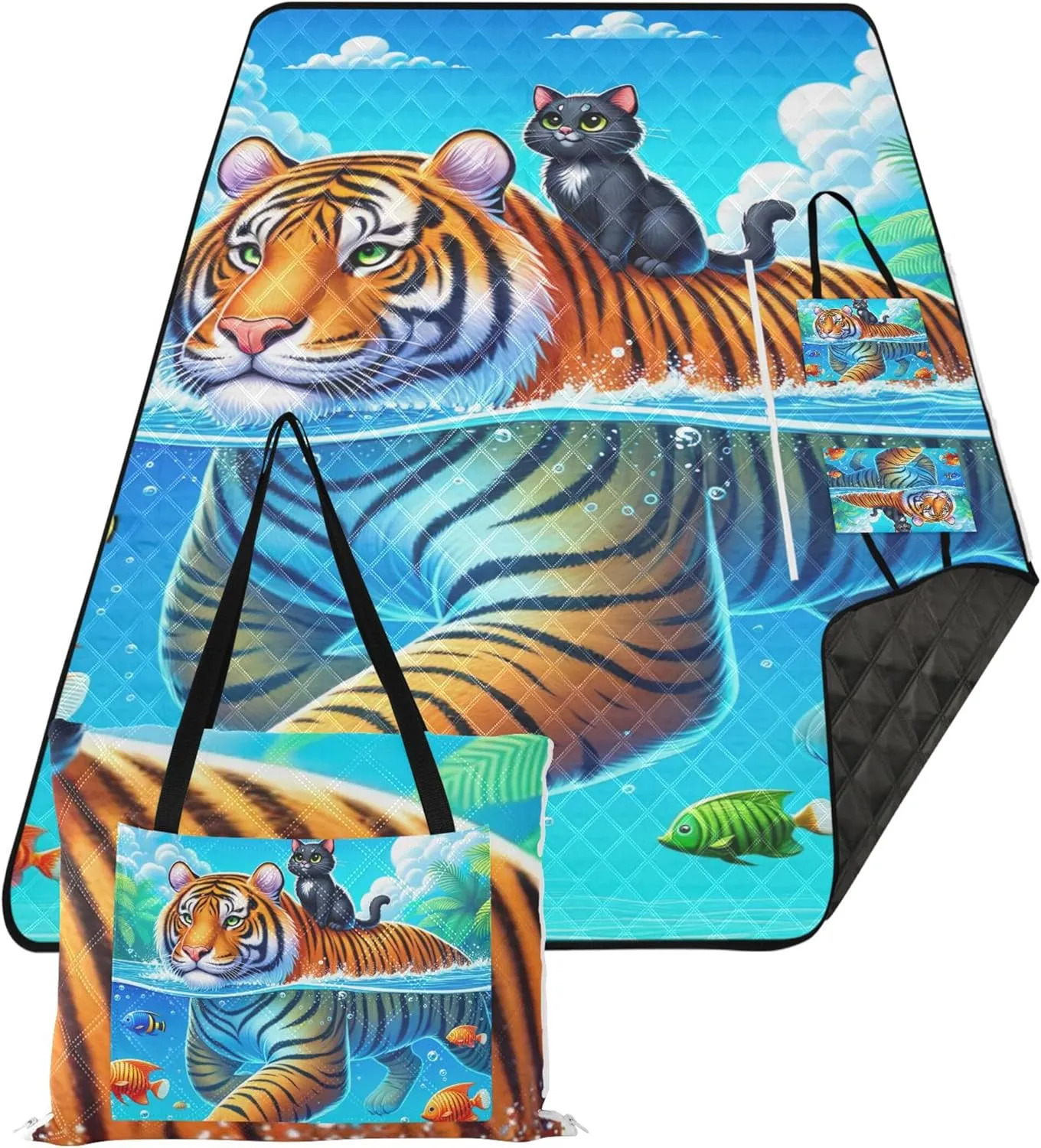 CHIFIGNO Ocean Buddy Tiger Blue Cute Picnic Blanket Mat Foldable no Sand Beach Blanket Waterproof Print Outdoor Mat for Camping 80" x 60"