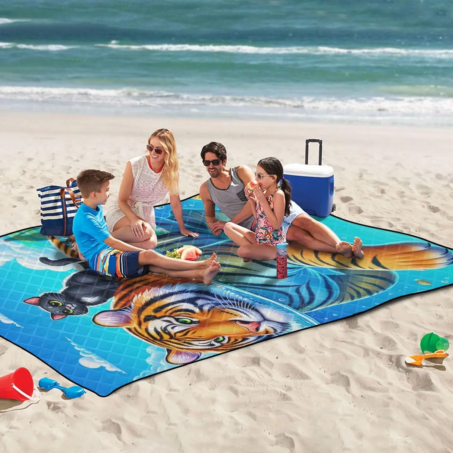 CHIFIGNO Ocean Buddy Tiger Blue Cute Picnic Blanket Mat Foldable no Sand Beach Blanket Waterproof Print Outdoor Mat for Camping 80" x 60"