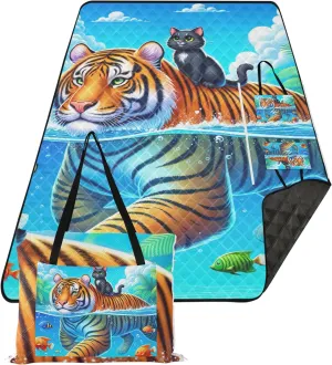 CHIFIGNO Ocean Buddy Tiger Blue Cute Picnic Blanket Mat Foldable no Sand Beach Blanket Waterproof Print Outdoor Mat for Camping 80" x 60"
