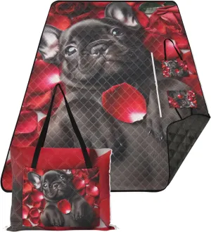 CHIFIGNO Red Roses Love Pup Dog Cute Picnic Mat Foldable Sand Free Beach Blanket Waterproof Floral Camp Blanket for Grass 80" x 60"