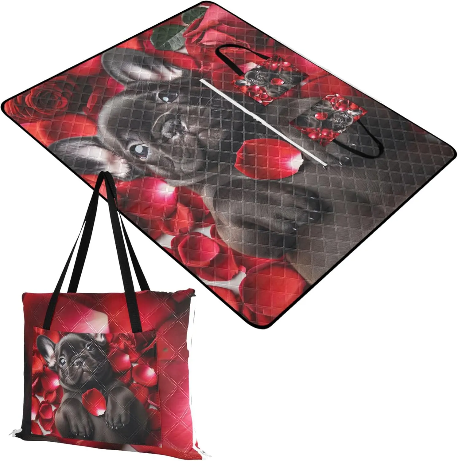 CHIFIGNO Red Roses Love Pup Dog Cute Picnic Mat Foldable Sand Free Beach Blanket Waterproof Floral Camp Blanket for Grass 80" x 60"