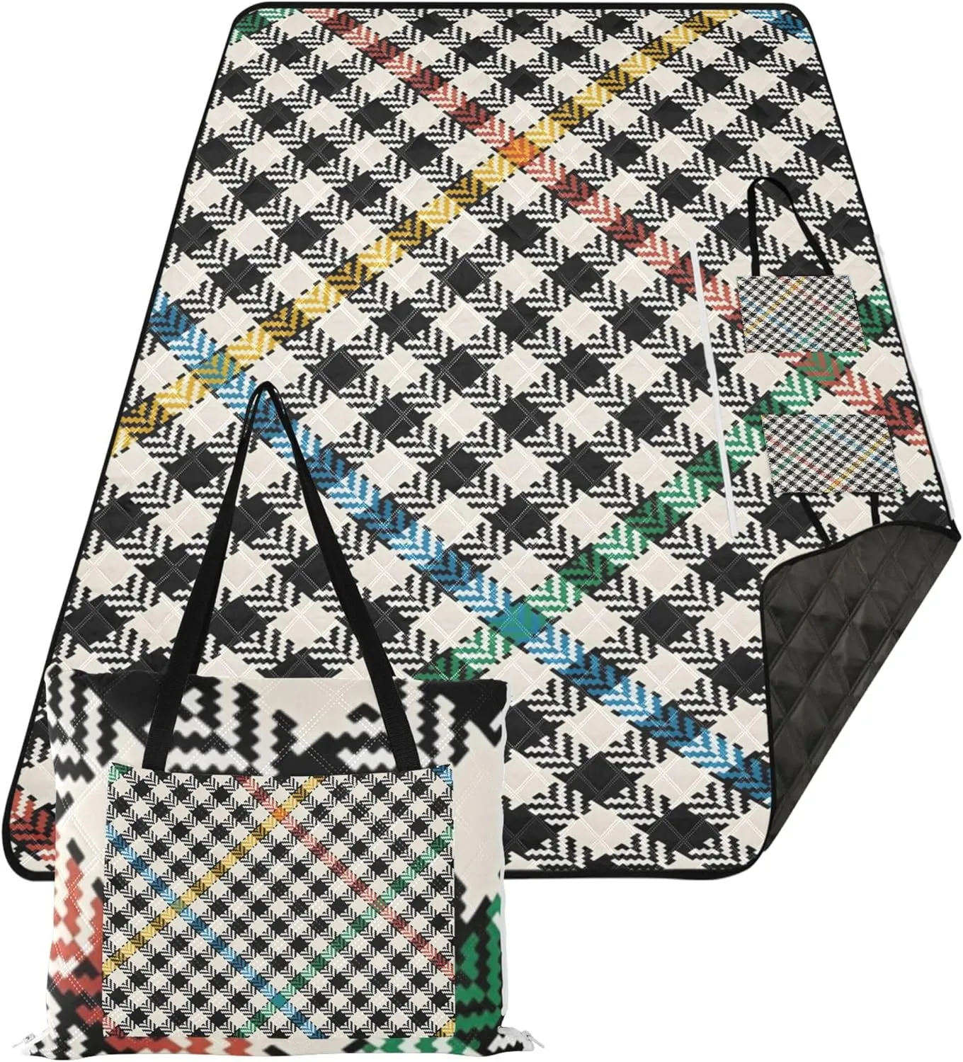 CHIFIGNO Retro Plaid Mosaic Colorful no Sand Beach Blanket Waterproof Cute Picnic Blankets Foldable Print Camping Blanket for Grass 80" x 60"