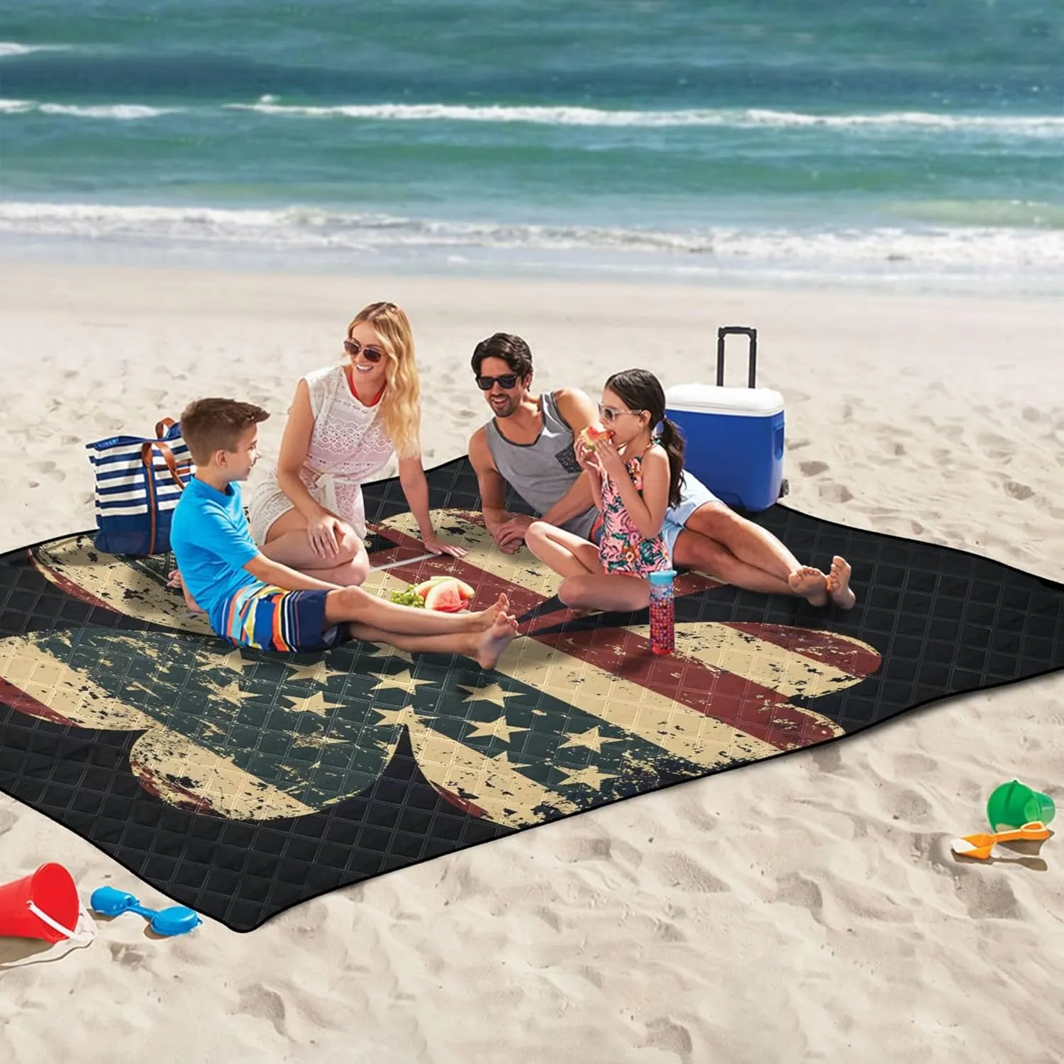 CHIFIGNO Rustic Shamrock American Flag Clover Picnic Supplies Foldable Mat Sand Proof Beach Blanket Waterproof Outdoor Blanket Camping Mat 80" x 60"
