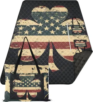 CHIFIGNO Rustic Shamrock American Flag Clover Picnic Supplies Foldable Mat Sand Proof Beach Blanket Waterproof Outdoor Blanket Camping Mat 80" x 60"