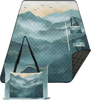 CHIFIGNO Serene Mountain Landscape Art no Sand Beach Blanket Waterproof, Floral Tent Rugs for Camping Mat Cute Picnic Blankets Foldable, 80" x 60"