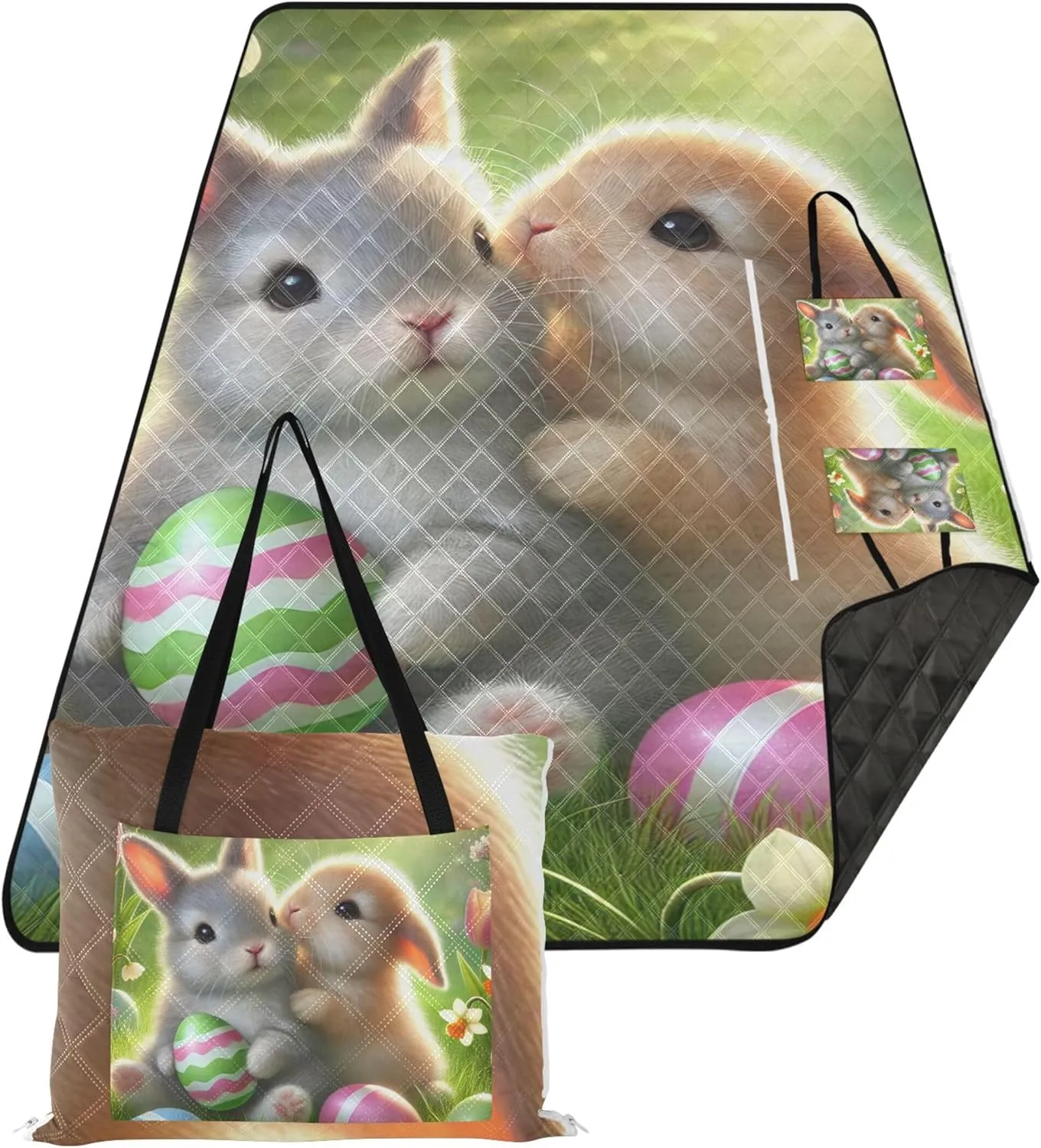 CHIFIGNO Spring Bunny Friends Easter Sand Blankets for Beach Sandproof, Grass Blanket Camping Mat Outdoor Mat Picnic Blanket Cute, 80" x 60"