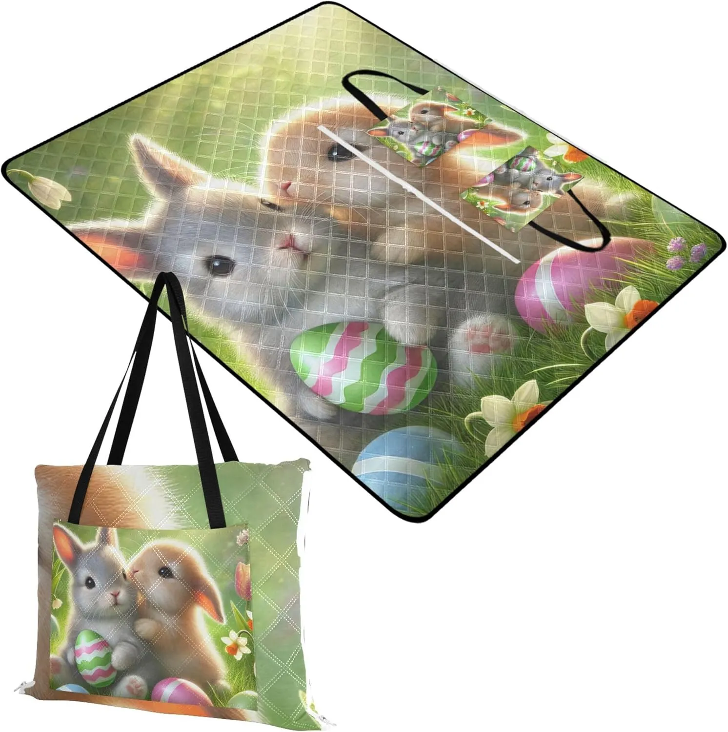 CHIFIGNO Spring Bunny Friends Easter Sand Blankets for Beach Sandproof, Grass Blanket Camping Mat Outdoor Mat Picnic Blanket Cute, 80" x 60"