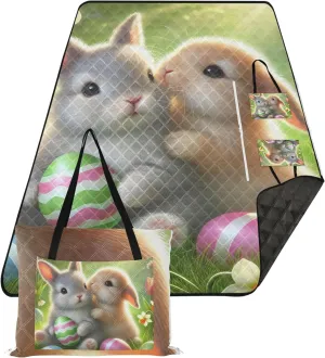 CHIFIGNO Spring Bunny Friends Easter Sand Blankets for Beach Sandproof, Grass Blanket Camping Mat Outdoor Mat Picnic Blanket Cute, 80" x 60"