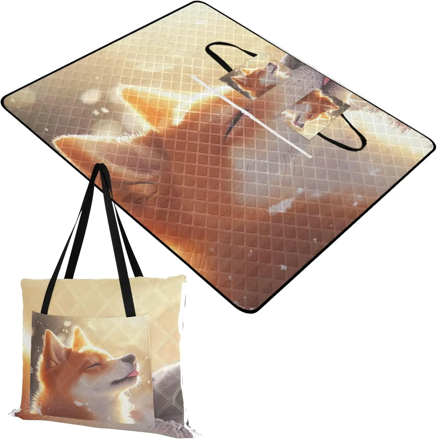 CHIFIGNO Sunlit Shiba Inu Winter Glow Beach Blanket Sandproof Waterproof Packable Camping Blanket Cute Picnic Essentials Foldable 80" x 60"